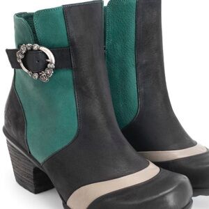 John Fluevog Hopeful Dove Black and Teal Ankle Boots with Silver Buckle